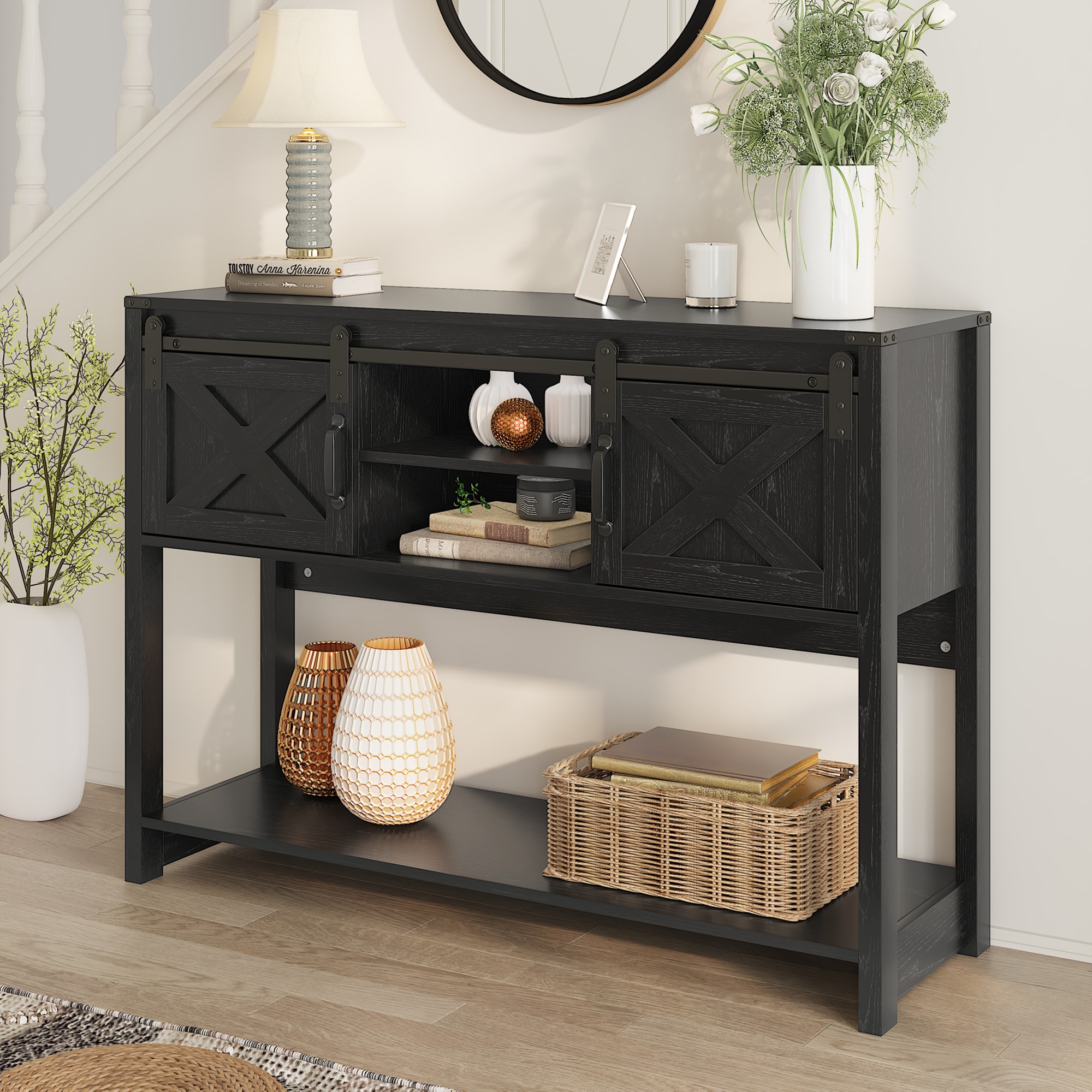 Rustic Farmhouse Console Table With Drawers And Barn Door Black_voghion.com